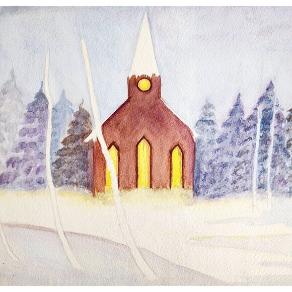 1960s Folk Art Original Watercolor Painting Winter Church Snowy Landscape DWJJ4 - Picture 1 of 2